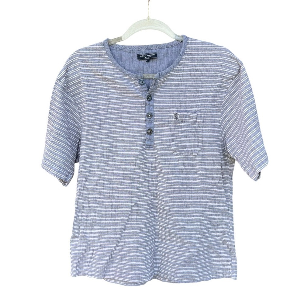 Vintage Kansai Yamamoto Cotton Linen Stripe Henley Short Sleeve Gray Medium‎ GUC